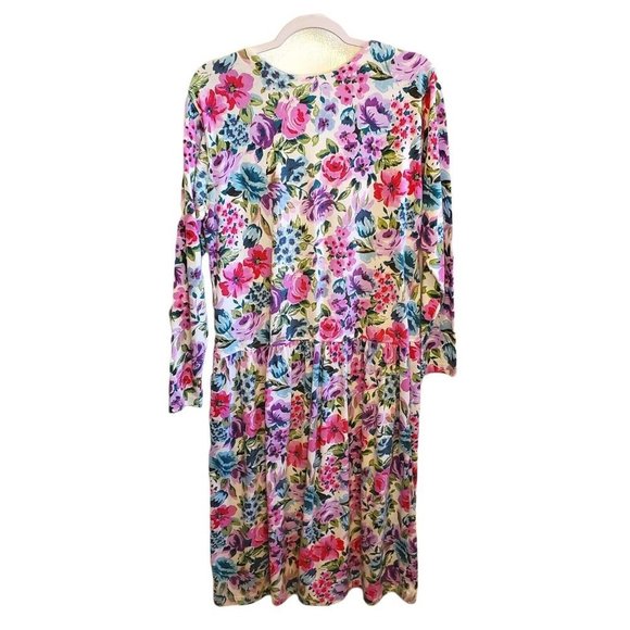 Vintage 80s Sz M/L Floral Longsleeve Drop Waist Knit Midi Dress Pockets - Picture 5 of 7